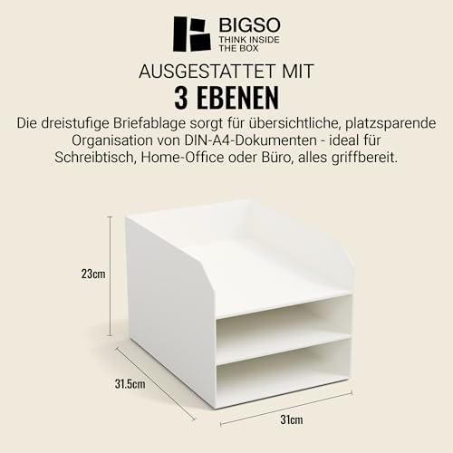 BIGSO Trey 3-stufige Briefablage – praktische Ablagefläche für Briefe, Dokumente in DIN A4-Format – Ordnungssystem aus Faserplatte mit Papier – weiß