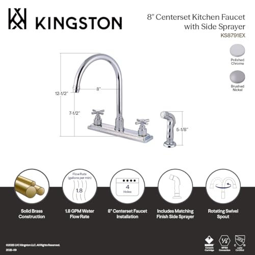 Robinet de cuisine central Kingston Brass avec douchette latérale évier entraxe 20,3 cm