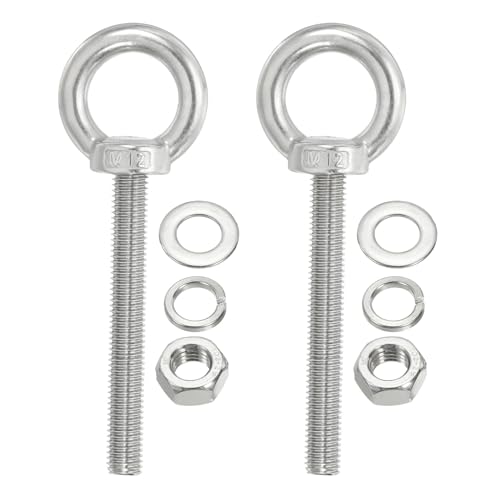 Image of PATIKIL M12 x 80mm Lifting Shoulder Eye Bolt, 2Pcs 304 Stainless Steel Lifting Ring Threaded Eyebolt with Nuts Washers for Hanging Hammocks Articles