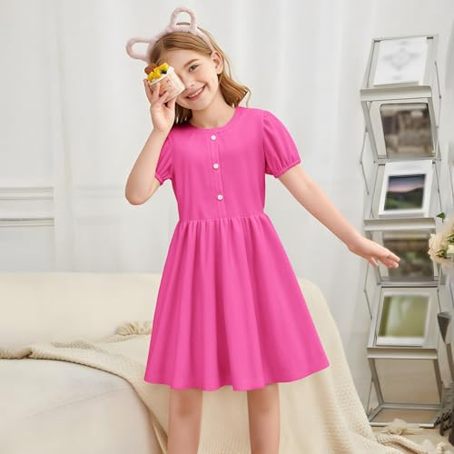 LQSZ Girls Summer Dress Puff Sleeve High Waist A Line Solid Color Dress for Party School Easter Outfit 3-12Y4