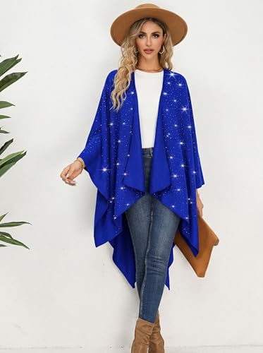 Image of Womens Rhinestones Open Front Poncho Shawl Wrap Cape Ruana Travel Blanket Cardigan