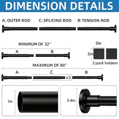 Image of CorkLatta Matte Black Shower Curtain Rod,1 Inch Diameter Stainless Steel Adjustable Spring Tension Rods 32 to 80 inch,with Holders,Anti-Slip,Curtain Rods No Drilling(1 Pack)