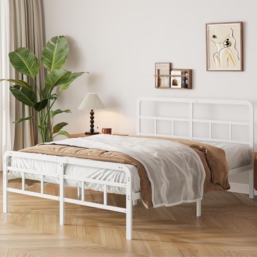 Yicensen Cama 120x190 cm con cabecero y piecero, armazón de somier Matrimonio de Metal de 36 cm de Altura con Listones Resistente, Espacio de Almacenamiento Debajo de la Cama, sin Ruido, Blanco