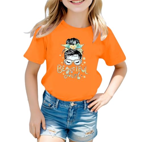 Camiseta de niña con estampado lindo cuello redondo manga corta verano top casual niños, naranja, 8-9 años