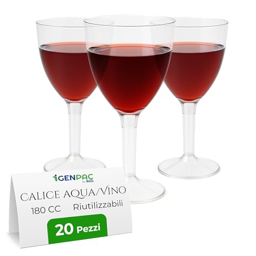 G.M. DISTRIBUZIONE 20 Calici 180cc Plastica Rigida Trasparente Vino Acqua - Base Staccabile, Riutilizzabili, Lavabili, Made in Italy, BPA Free - Bicchieri Feste, Catering, Party