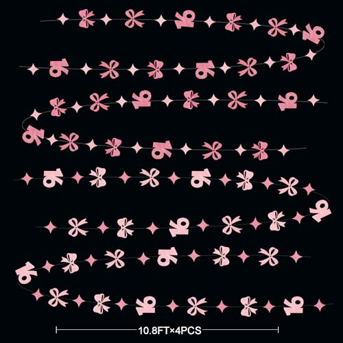 Image of Glitter Pink 16th Bow Birthday Decorations Hot Pink Conquette Bow Garland Streamer Banner Backdrop for Girls Boys Happy 16th Birthday Sweet Sixteen Cheers to 16 Years Old Anniversary Party Supplies