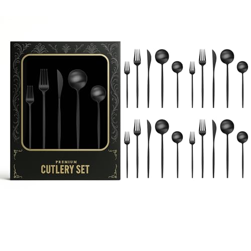 Image of aDai Korean Premium 20 Piece Stainless Steel Cutlery Set | Modern Flatware for Dining | Elegant Gift Box for Everyday Use (Black)