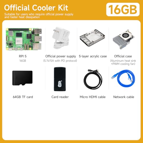 Image of Yahboom Pi 5 16GB Board Starter Kit with 27W 5.1V /5A Power Adapter Including Pi 5 Board, Pi 5 Case and Active Cooler (Pi5 16GB, Official Cooler Kit)