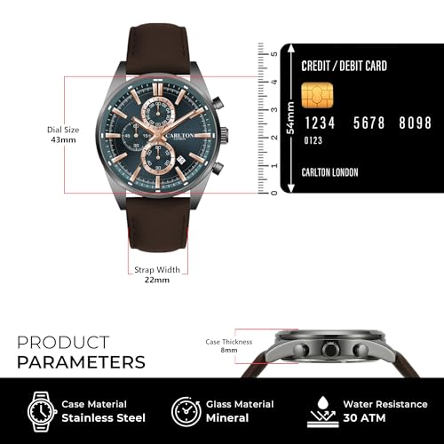 Image of Carlton London Windsor Men Analog Watch, Round Dial, Leather Strap, Quartz Movement, 43 mm Case, Slim Design, Lightweight Comfort, 30M Water Resistant, Casual Formal Wear