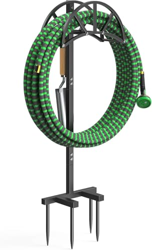 Mr IRONSTONE Garden Hose Holder Freestanding with 4 Spikes Upgraded Water Hose Holder with Stainless Steel Screws Heavy Duty Hose Stand Holds (Black)