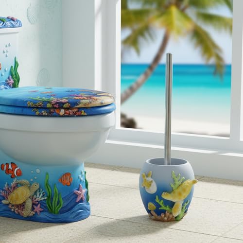 Image of 4 Inch Turtle Toilet Brush Holder, Resin Ocean Bathroom Decor | Resin mother & baby turtle, hygienic lid, ocean blue coastal decor, cute bathroom organizer, YHHRESINKING