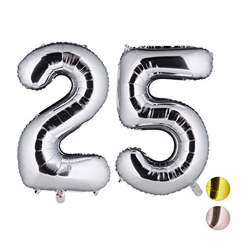 Relaxdays Argento Palloncini Giganti in Foil con Numero 25 per Compleanni, Anniversari di Matrimonio XXL 85-100cm Colore, 85,00 x 50,00 x 17,00 cm