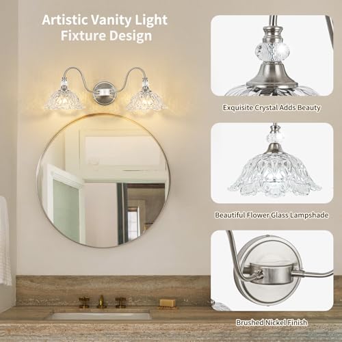 Image of Brushed Nickel Bathroom Vanity Light, 2-Light Vanity Light with Floral Clear Glass Shades, Nickel Wall Mount Lighting for Bathroom, Dressing Table