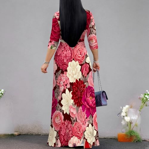 Image of PinkPatty Women's Plus Size Maxi Dresses Casual Flowy 3 /4 Sleeves Dress Printed Vacation Dress for Daily Wear with Belt