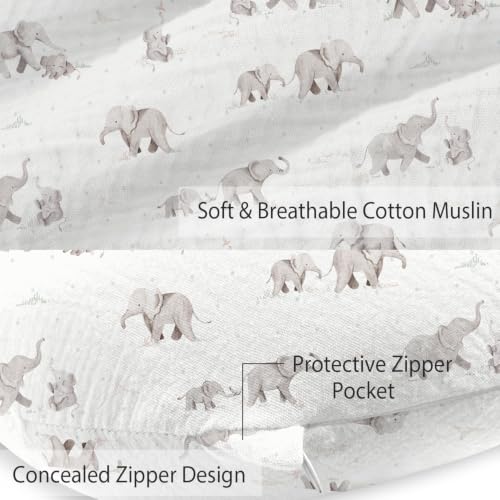 Image of Little Grape Land Muslin Nursing Pillow Covers 2 Pack, 100% Cotton Removable Breastfeeding Pillow Covers, Feeding Pillow Slipcovers for Baby Boys & Girls, (Elephant)