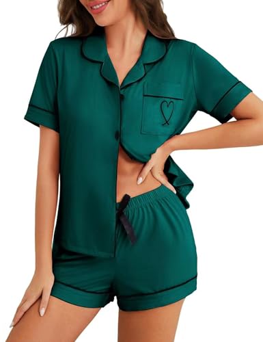 Eibueu Damen Pyjama-Set Knopfleiste Zweiteiler Sexy V-Ausschnitt Kerbkragen Oberteile und Pyjama-Shorts Schlafanzug