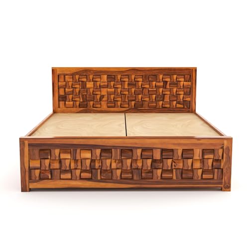 Image of Sheesham Wood King Size Bed with Storage Box | Wooden Box Bed King Size Double Cot Bed with Storage for Bedroom | Premium Niwar Design Headboard Bed for Hotel, Home | Honey Finish