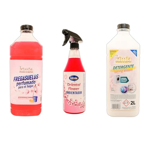 KIMIA Pack Full Spring – Kit de Limpieza Hogar y Cuidado Textil | Fregasuelos Oriental Flower 2L + Detergente Spring Bloom 2L + Ambientador de Tejidos y Estancias 750ml | Aroma Floral