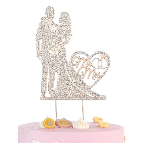 GVSS Figurine Gateau Mariage Or 23,5 x 10cm, Topper Métallique Bridal et Groom,Décoration de Gateau de Mariage avec Strass,Décoration Élégante pour Fiançailles et Saint-Valentin
