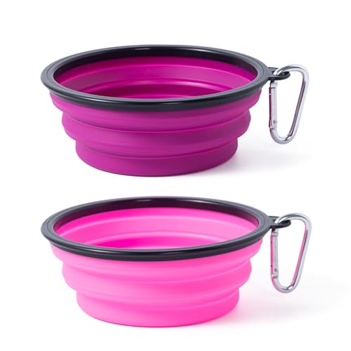 Image of Dog Bowl Pet Collapsible Bowls, 2 Pack Collapsible Dog Water Bowls for Cats Dogs, Portable Pet Feeding Watering Dish for Walking Parking Traveling with 2 Carabiners (Pink+Purple, Medium)