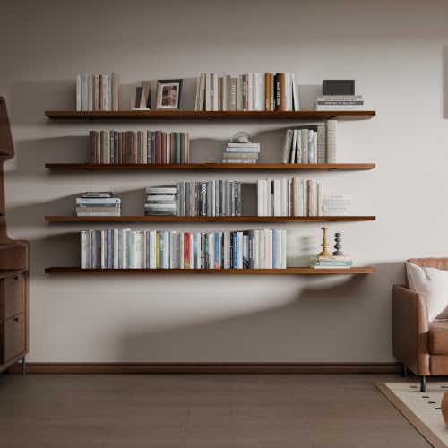 Image of 72 Inch Long Floating Shelf for Wall, 4 Tier Solid Wood Floating Book Shelf,Walnut Large Wall Shelf with Heavy Duty Brackets,Floating Bookshelf for Living Room