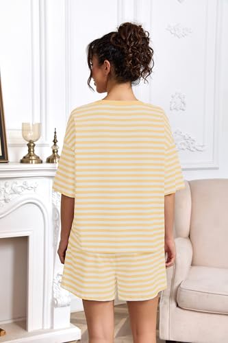 Image of Ythomm Striped Pajamas Shorts Sets Women 2 Piece Lounge Outfits Short Sleeve Tees Drawstring Shorts Summer Matching Pj Sets