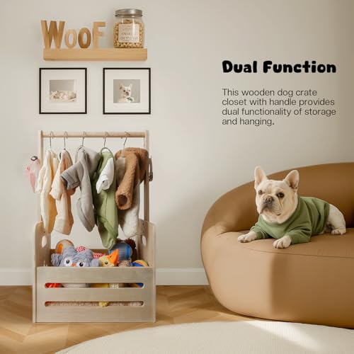 35L Wooden Dog Storage Organizer, Dog Toy Bin with Hanging Rods, 27"x16"x11" Pet Wardrobe Closet with 2 Metal Hooks, Pet Clothes Rack for Dogs Organization and Storage, Dogs Closet for Accessories - Image 6
