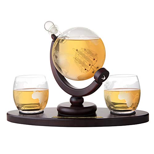 AMAVEL Set de Dégustation pour Whisky, Carafe Verres Arrondis Plateau et Support, Motif: Mappemonde