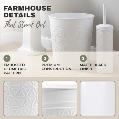 Image of Autumn Alley White Farmhouse Bathroom Trash Can and Toilet Bowl Brush with Holder - White Bathroom Accessories Set for Charming Bathroom Decor