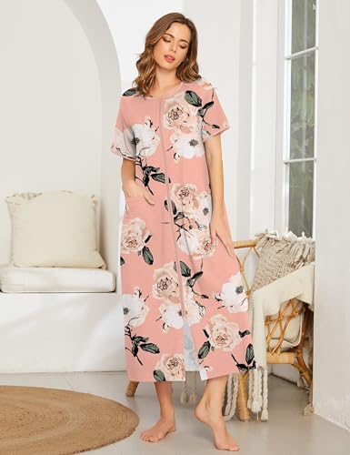 Image of Ekouaer Women Robe Zipper Short Sleeves Full Length House Coat with Pockets