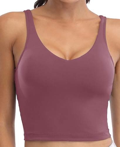Image of Oalka Sports Bra Womens Longline Padded Crop Yoga Tank Tops | Built in Bras, Workout, Athletic, Fitness, Super Soft, Comfort, Cropped Top, Removable Pads, Heart Neckline For Women