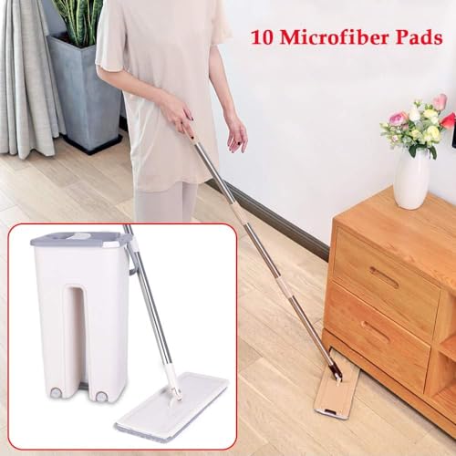 Wischmopp Set mit Eimer,Bodenwischer Set mit 10 Mikrofaser Pads und Langem Edelstahl Griff,Wischmopp mit Auswringfunktion für Marmorboden Fliesen Laminat – Bild 3