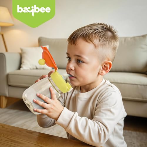 Image of BAYBEE SnowSip Baby Sipper Bottle with Straw for Kids | Spill Proof & BPA Free Safe Sipper | Cute Cartoon Design Smooth Sipping & Neck Strap | Water Bottle for School Kids Boys Girls (540ml, Green)