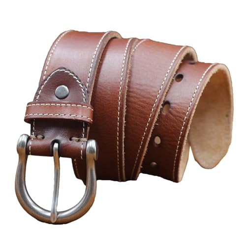 Men’s Cowhide Leather Belt Textured Strap with Hard Metal Buckle Full Grain Leather Belt for Jeans or Trousers