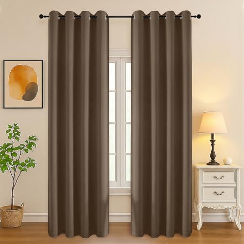 Image of Simplebrand Brown Curtains for Bedroom Living Room 96 Inches Long 2 Panels Set, Room Darkening Thermal Insulated Curtains & Drapes, Solid Grommet Noise Reducing Window Treatment, W50 x L96 Inch