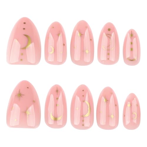 Image of Star Press on Nails Nude Fake Nails Medium Almond False Nail with Design Gold Moon Glue on Nails Artificial Acrylic Nail Full Cover Stick on Nail for Women Girls Manicure 24pcs