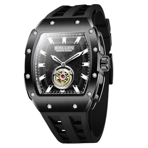 SOLLEN Men's Black Tonneau Watch, Quartz Analog Mens Wristwatch with Luminous Hands, Silicone Strap, 30M Water Resistant, Casual Watches for Formal, Sport & Daily Use, Luxury Gift for Men