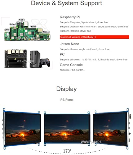 Image of waveshare 7inch Capacitive Touch Screen LCD Compatible with Raspberry Pi 5 /4B /3B+ /3A+ /2B /B+ /A+ /Zero /Zero W /WH /Zero 2W CM3+ /4 Series Boards 1024x600 Resolution HDMI IPS Supports Windows