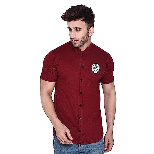 Image of Geum Men's Mandarin Collar Shirt with Graphic Print| Short Sleeve Cotton Blend Slim Fit Casual Shirt for Men