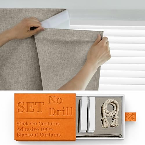 Image of 100% Blackout Magic Tape Stick On Curtains Window Shades Pull Down Blackout Window Cover No Drillng Self Adhesive Curtains No Rod Small Windows, W35 x L60 inch, 1 Panel, Light Brown