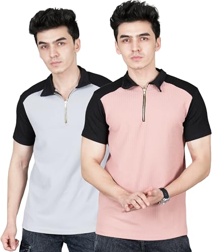 Image of London Hills Men's Premium Pure Polyester Zipper Polo Neck T-Shirt | Lightweight & Comfortable Half Sleeves T-Shirt | Polyester Blend | Regular & Comfort Fit (Pack of 2)