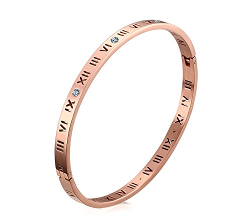 VNOX Girl's IP Rose Gold Plated Stainless Steel Rhinestone Roman Numeral Bangle Bracelet 7.5