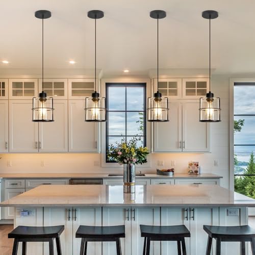 Industrial-Matte-Black-Pendant-Light-Fixtures-Farmhouse-Pendant-Lights-Kitchen-Island-Iron-Cage-Metal-Hanging-Light-Pendant-Light-Lantern-with-Clear-Glass-Shade-for-Entryway-Dining-Room-HallwayE26 Industrial Matte Black Pendant Light Fixtures Farmhouse Pendant Lights Kitchen Island Iron Cage Metal Hanging Light Pendant Light Lantern with Clear Glass Shade for Entryway Dining Room HallwayE26