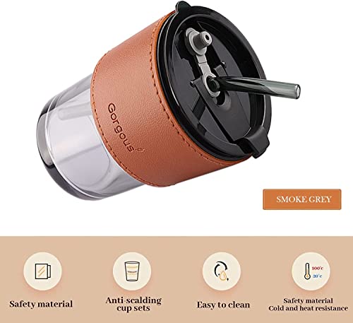 Image of KHOLAD Glass Reusable Sipper Bottle with Leather Sleeve Glass Coffee Mug with Glass Straw and Leakproof Lid Tumbler for Coffee,Tea, Milk Beverages Pack of 1,400ml Home & Travel Sippy Mason (Black)