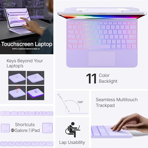 Image of typecase Keyboard Case for iPad Pro 13-inch (M5 2025 / M4 2024), Magic Keyboard with 11 Colors Backlight, Keyboard Case with Pencil Holder, Multi-Touch Trackpad, Easy-Set Magnetic Stand, Light Purple