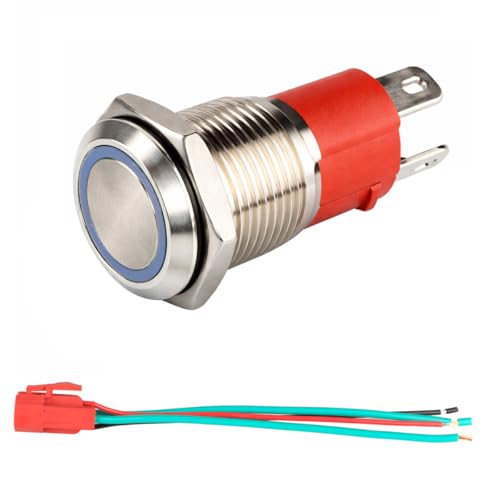 GUUZI 220V 230V/15A Pulsador Momentáneo NO Luz LED Blanca Impermeable Pulsador de Arranque de Metal Iluminado de 16mm con Cable de Enchufe