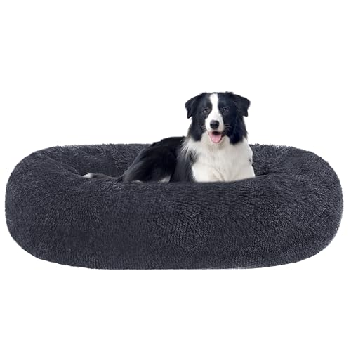 HMTOPE Orthopädisches Hundebett rund Hundekissen Hundesofa Katzenbett Donut Kuscheliges Hundekorb Waschbar, 90 cm Ø, Dunkelgrau