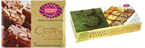 Karachi Bakery Chocolate Cashew Biscuits, 400 Gram + Triple Delight Fruit Biscuit With Chocolate And Cashew