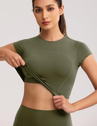 Image of ENERBLOOM Workout Crop Tops for Women Yoga Short Sleeve Mild Support Slim Fit Cropped Athletic Shirts Gym Tee Built in Bra