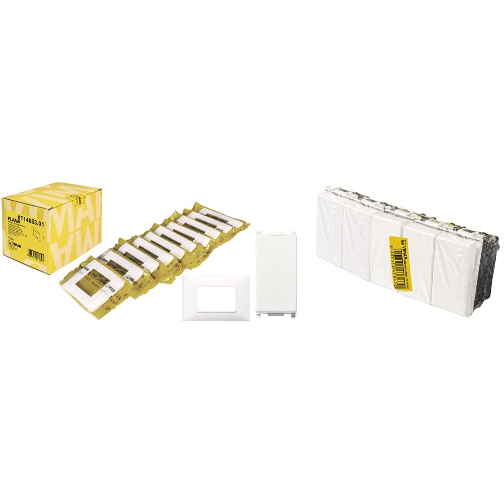 Vimar Plana 0T14653.01 Placca 3 moduli in tecnopolimero, 10 pezzi, bianco & Plana 0T14004 Deviatore 1P 10 AX 250 V, 5 pezzi, illuminabile (unità di segnalazione non fornita), tasto sostituibile